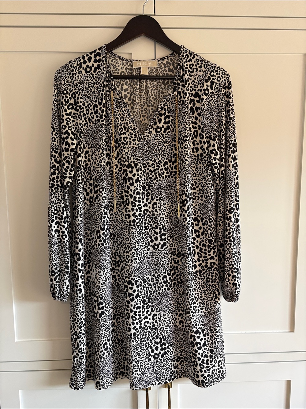 Michael Kors Black & White Leopard V-Neck Long Sleeve Dress SZ Medium